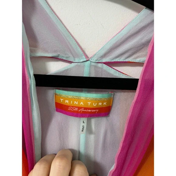 Trina Turk 25th Anniversary Rainbow Stripe Silk Lined Kaftan Tunic Dress Large - Picture 4 of 9